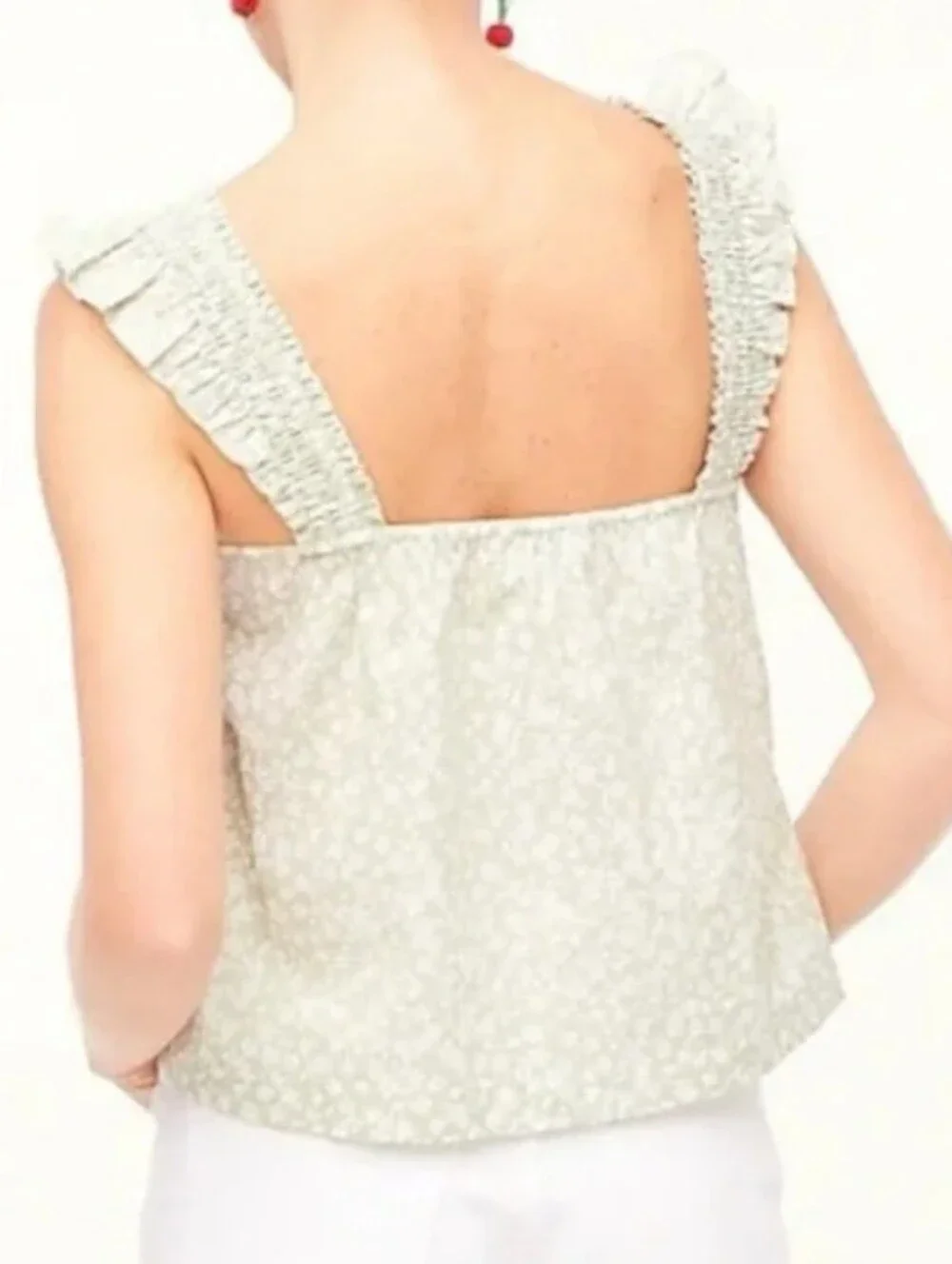 NWT J.Crew Light Mint Green & White Floral Crop Top Ruffle Sleeves, Size XXL